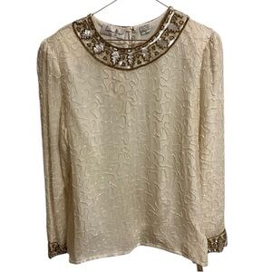 Vintage 80’s Laurence Kazar Beaded 100% Silk Blouse Ivory Womens  XL Style #4301